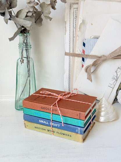 A stack of four vintage hardcover books tied with a pink string, set on a white surface next to a glass bottle with dried flowers and a white frame.