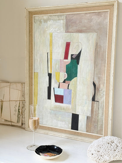 Original oil on board modernist still life with Cubist style vessels, geometric forms and ornate gold cream frame