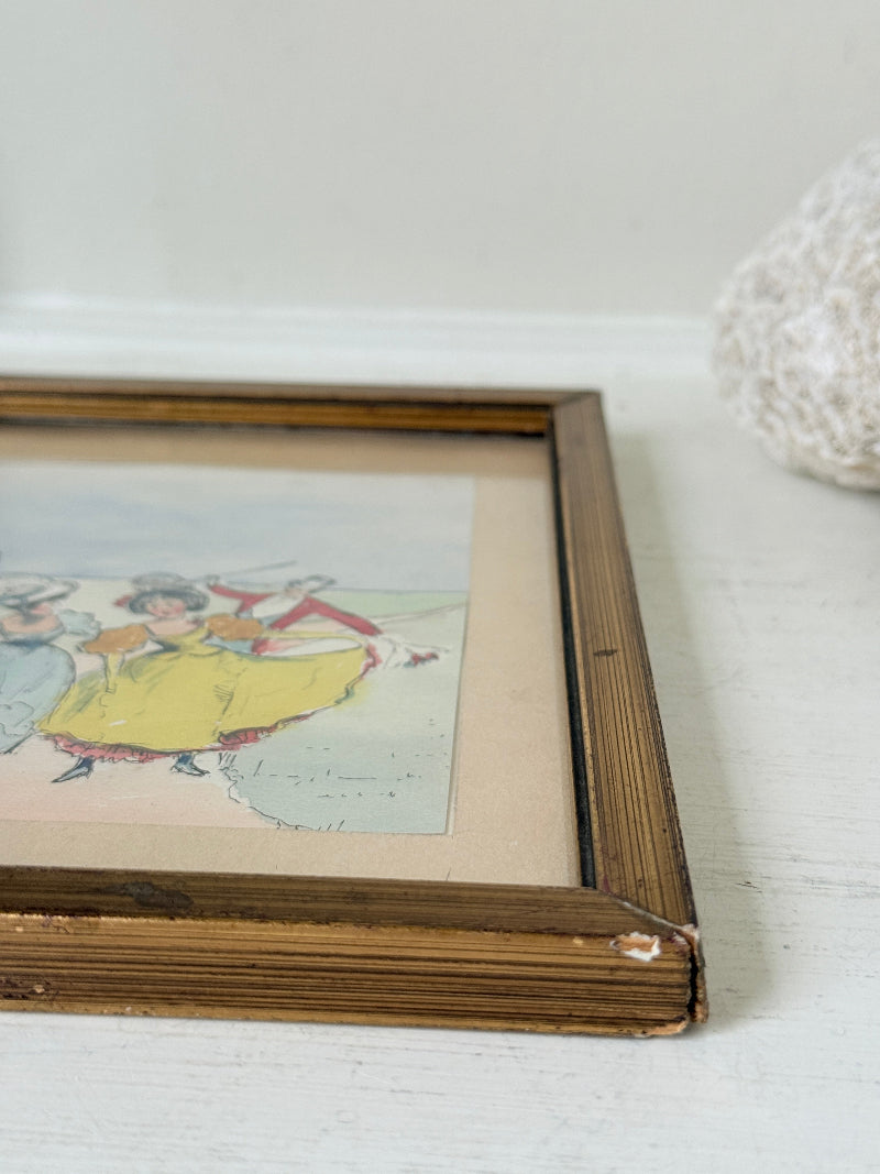 Cheeky colourful watercolour of a gentleman and ladies in period costume, in a wooden frame
