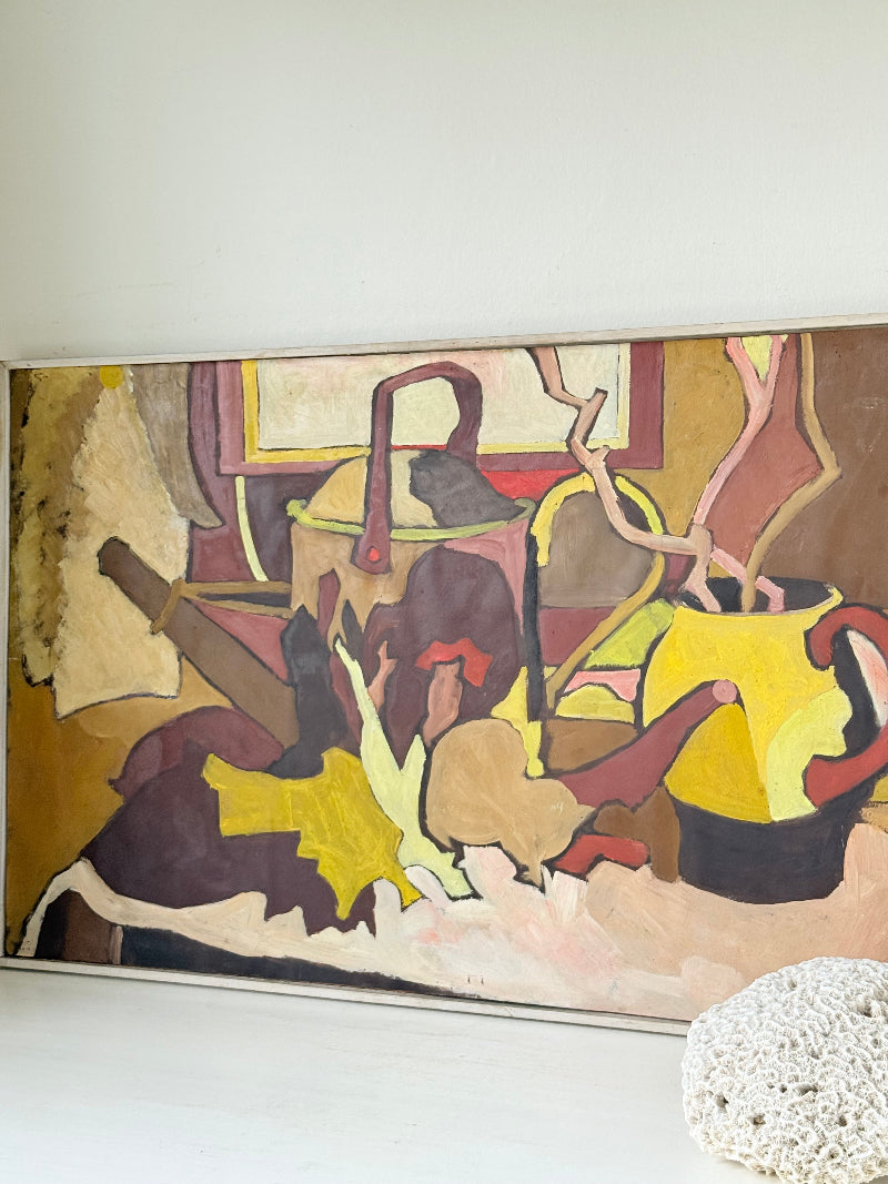 Mid century still life with watering can, oil on paper mounted on board, in ochre and plum tones, photographed on a white surface.