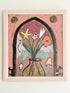Modern British School oil on board painting of stylised flowers by a gothic arch in a pale frame, photographed against a light wall