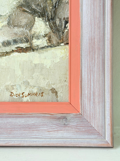 Close-up of a framed painting corner showing textured cream and brown brushstrokes, a coral-pink inner frame, and a distressed whitewashed wood outer frame with a visible Dick Summers signature.