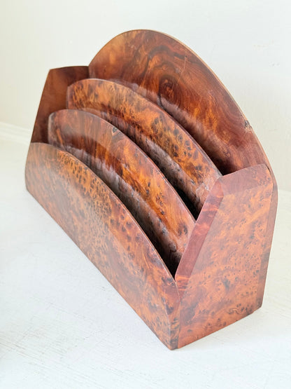 Three-slot curved letter rack made from polished burl wood with rich swirling grain, mid-century style desk organiser.