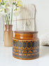 Vintage Hornsea Pottery Heirloom sugar canister in brown glaze with embossed pattern, wooden lid and 1970s kitchen style