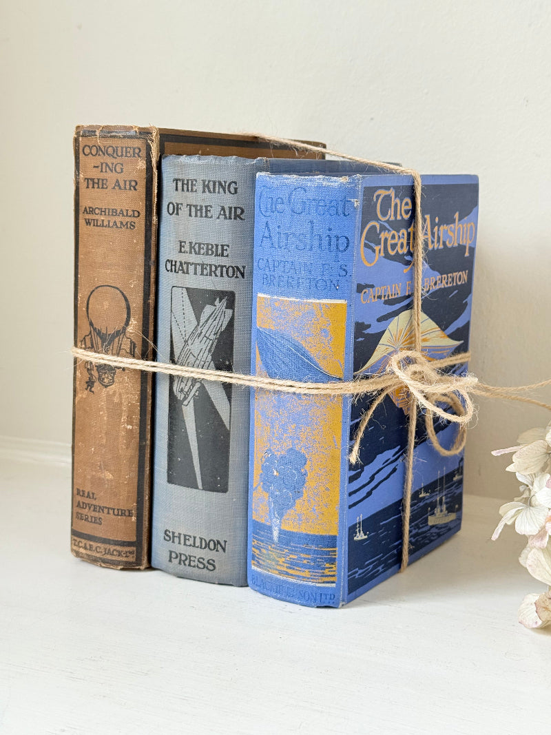 Vintage book bundle in blue, brown, and cream with printed lettering, tied with twine, photographed on a white surface