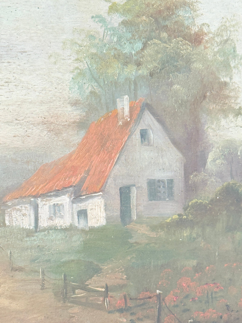 A soft-focus painted scene of a small white cottage with a red-orange roof, surrounded by trees, a fence, and flowers in muted green, beige, and gray tones.