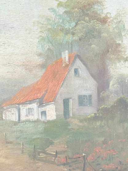 A soft-focus painted scene of a small white cottage with a red-orange roof, surrounded by trees, a fence, and flowers in muted green, beige, and gray tones.