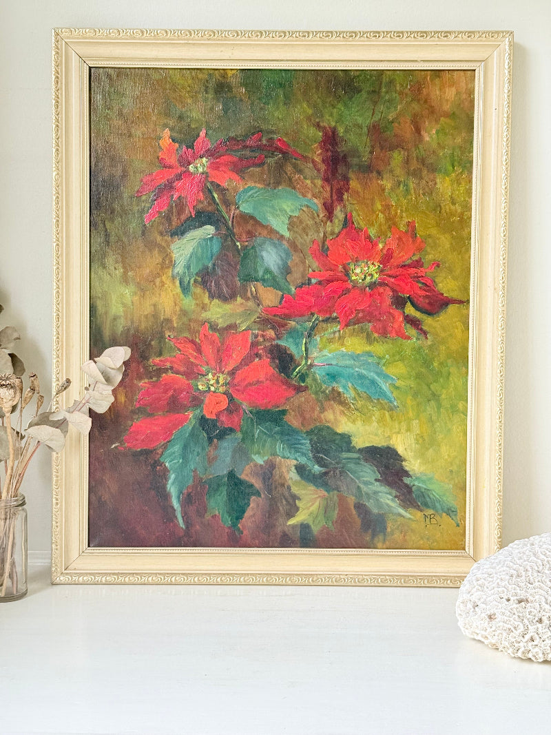 Poinsettias No 1 oil painting by Muriel Hester Broughton in red and green in a pale gilt frame