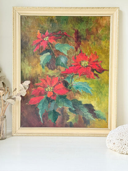 Poinsettias No 1 oil painting by Muriel Hester Broughton in red and green in a pale gilt frame