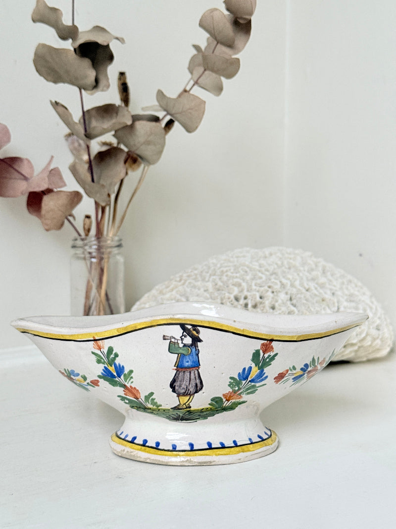 French Quimper faience sauce boat with Breton figure