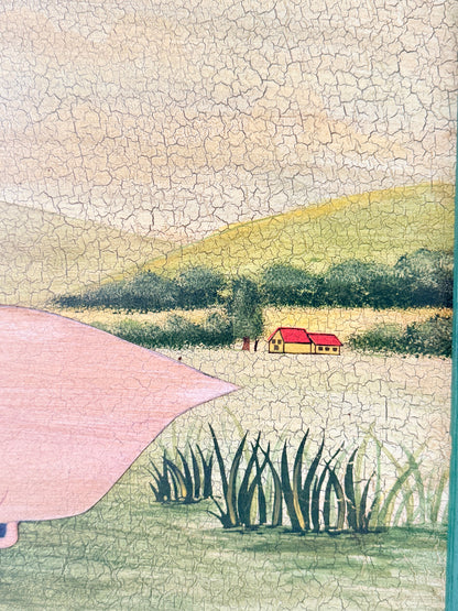 A square ceramic tile featuring a hand-painted folk art landscape with a pink bird silhouette in the foreground, green reeds, a small house with a red roof, and a cracked glaze texture.