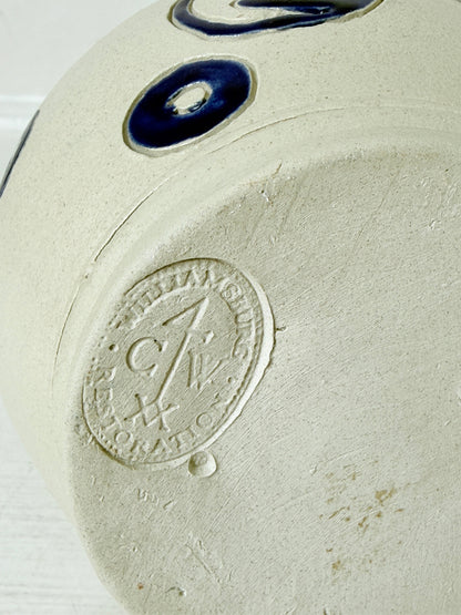 Williamsburg Pottery salt glaze stoneware jug with cobalt blue scratch decoration, handle and original certificate