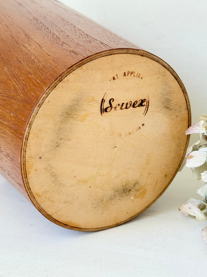 Vintage Swedish teak ice bucket with lid and white liner, photographed on a white surface
