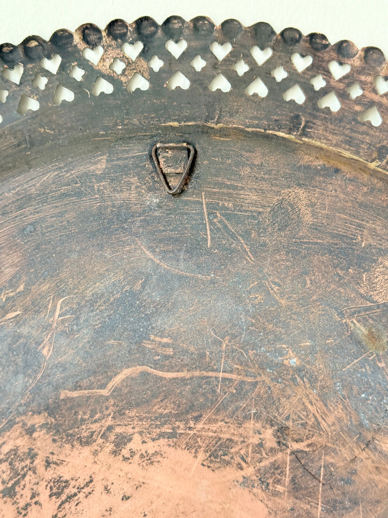 Antique copper tray with pierced gallery rim, figurative horse drawn chariot engraving and two tone aged patina