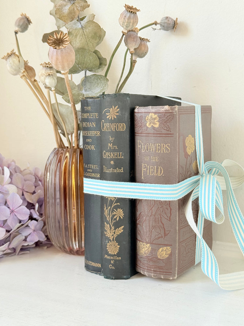 Bundle of antique books with decorative spines tied with ribbon, styled on white surface with dried flowers