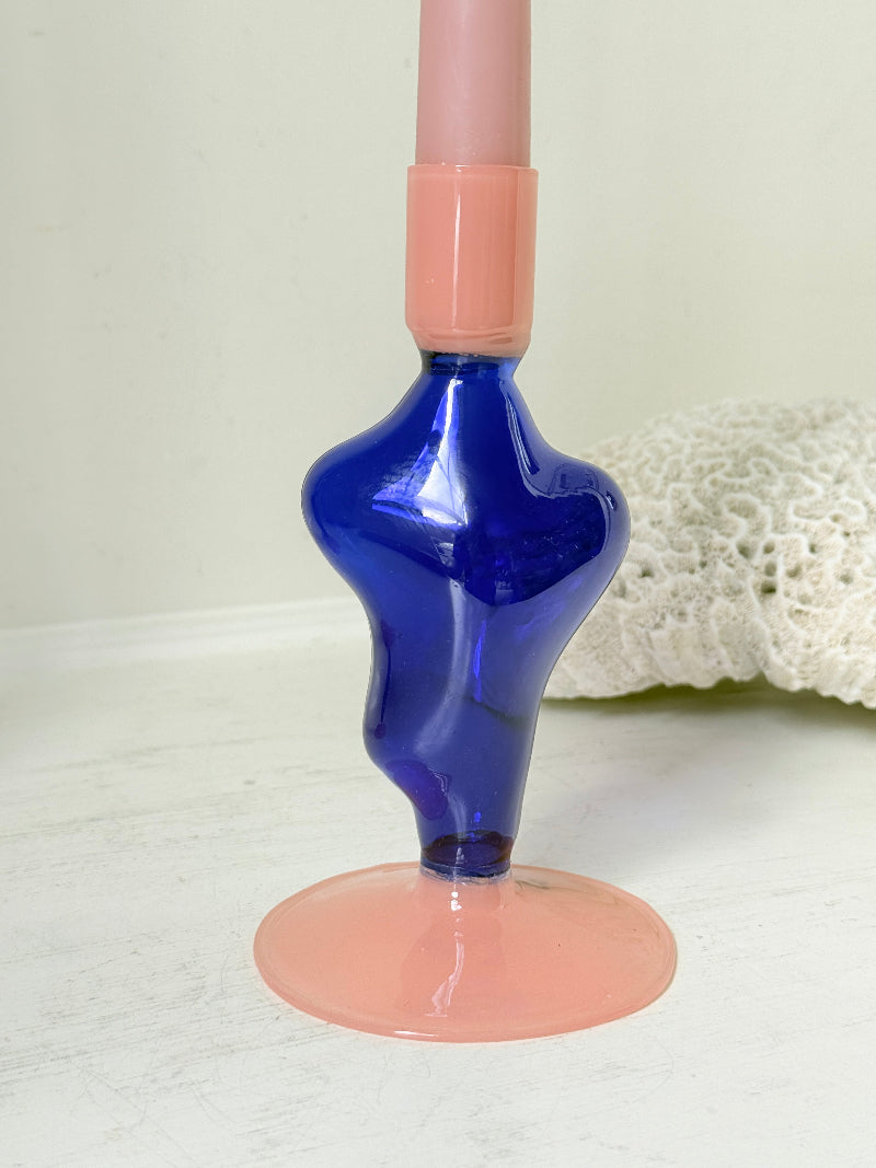 Pair of &amp;Klevering Amsterdam Flux glass candle holders in dark blue and pink with pink taper candles