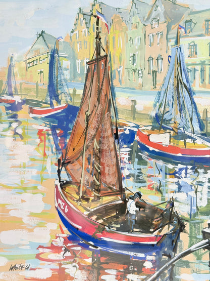 Mid century harbour scene painting with pastel boats and buildings, in wooden frame, photographed on a white surface