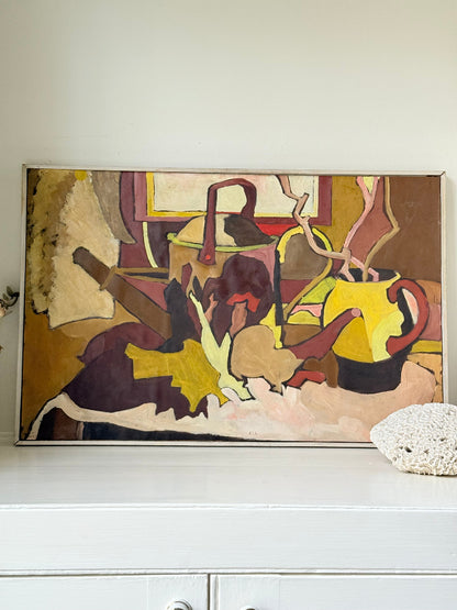 Mid century still life with watering can, oil on paper mounted on board, in ochre and plum tones, photographed on a white surface.