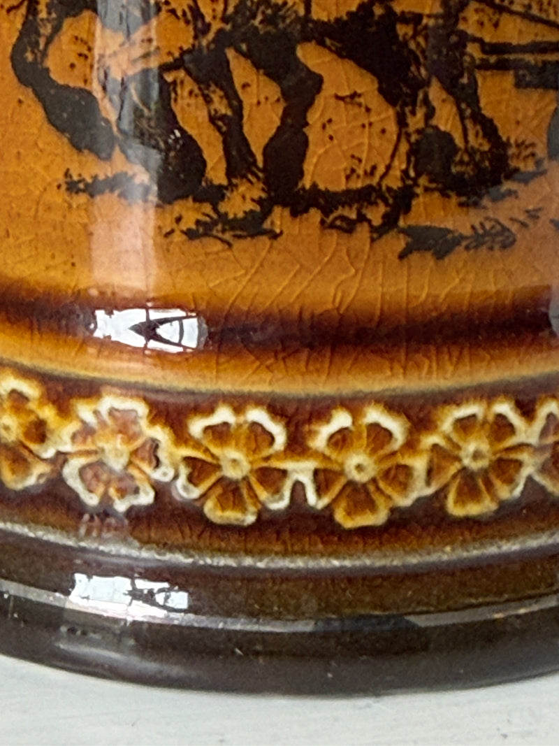 Set of 4 Ridgways stoneware tankard mugs photographed on a white surface in amber brown treacle glaze with black Coaching Days and Coaching Ways transfer scenes