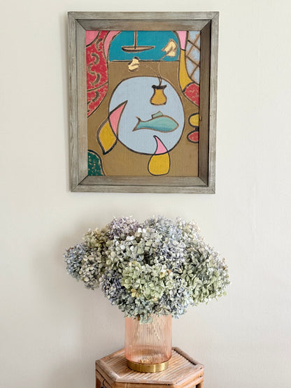 St Ives School mixed media painting on board of semi abstract objects on a table by a coastal window in a grey frame