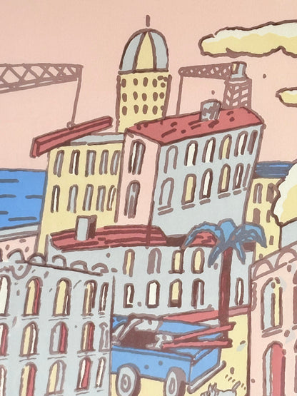 Limited edition screen print of Beirut by Antonio Segui in a wooden frame, signed and dated 1995, photographed on a white surface