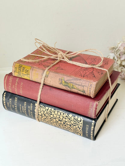 Vintage decorative book bundle in red and black with gilt detailing tied with twine, photographed on a white surface