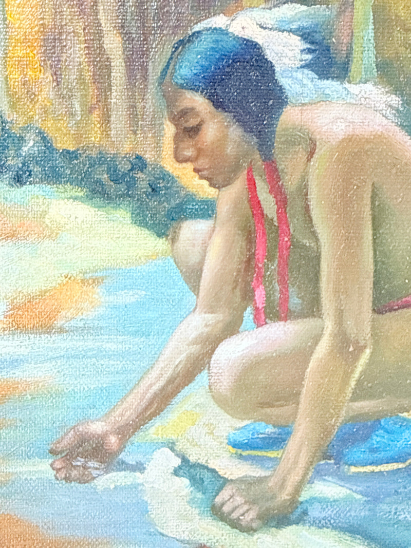 An oil painting of a Native American woman crouching by a body of water, wearing a blue and white feathered headband and red necklaces, with a warm-toned background.