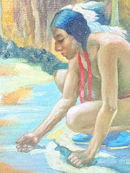 An oil painting of a Native American woman crouching by a body of water, wearing a blue and white feathered headband and red necklaces, with a warm-toned background.
