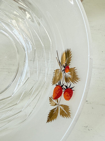 Vintage strawberry glass dessert set with serving bowl and six bowls hand decorated with berries and gold