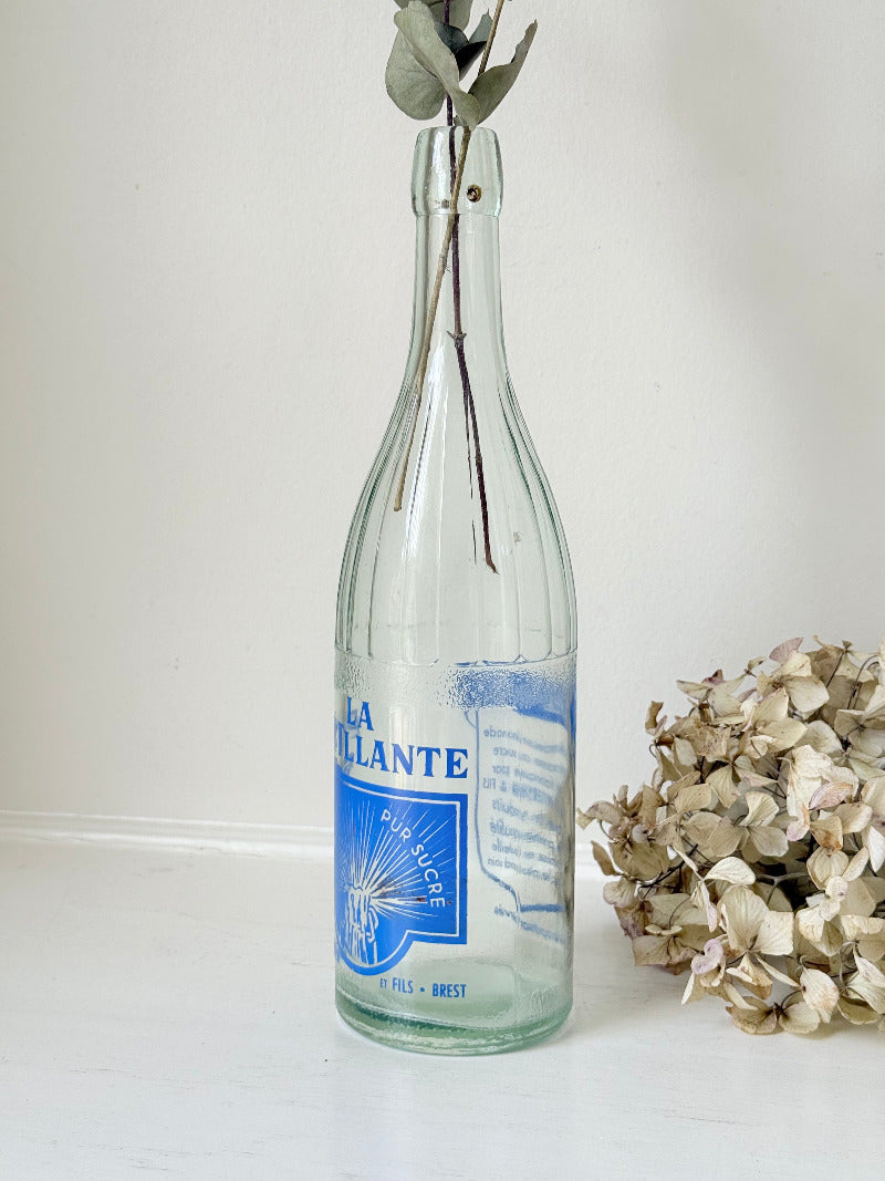 vintage french lemonade bottle la pétillante blue label on white surface with hydrangea flowers