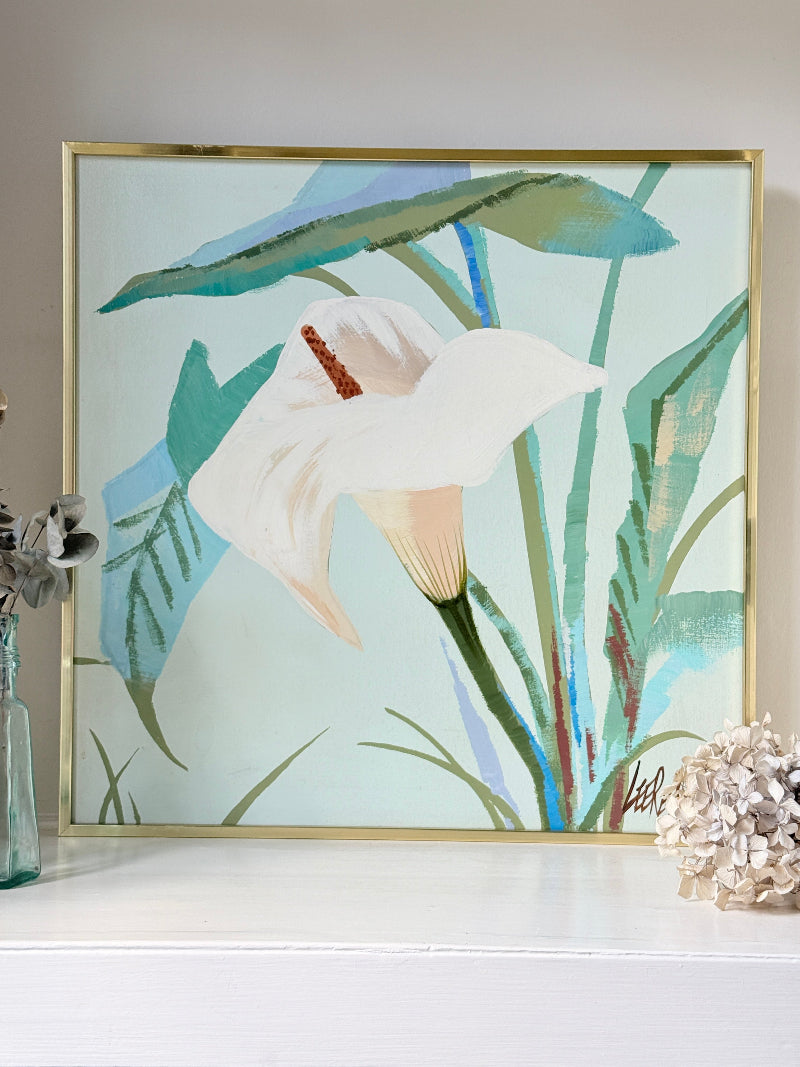 Lee Reynolds Vanguard Studios calla lily painting in aqua and green, gold frame, mid century modern