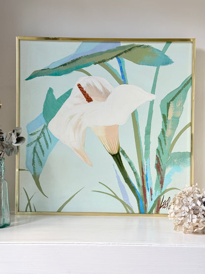 Lee Reynolds Vanguard Studios calla lily painting in aqua and green, gold frame, mid century modern