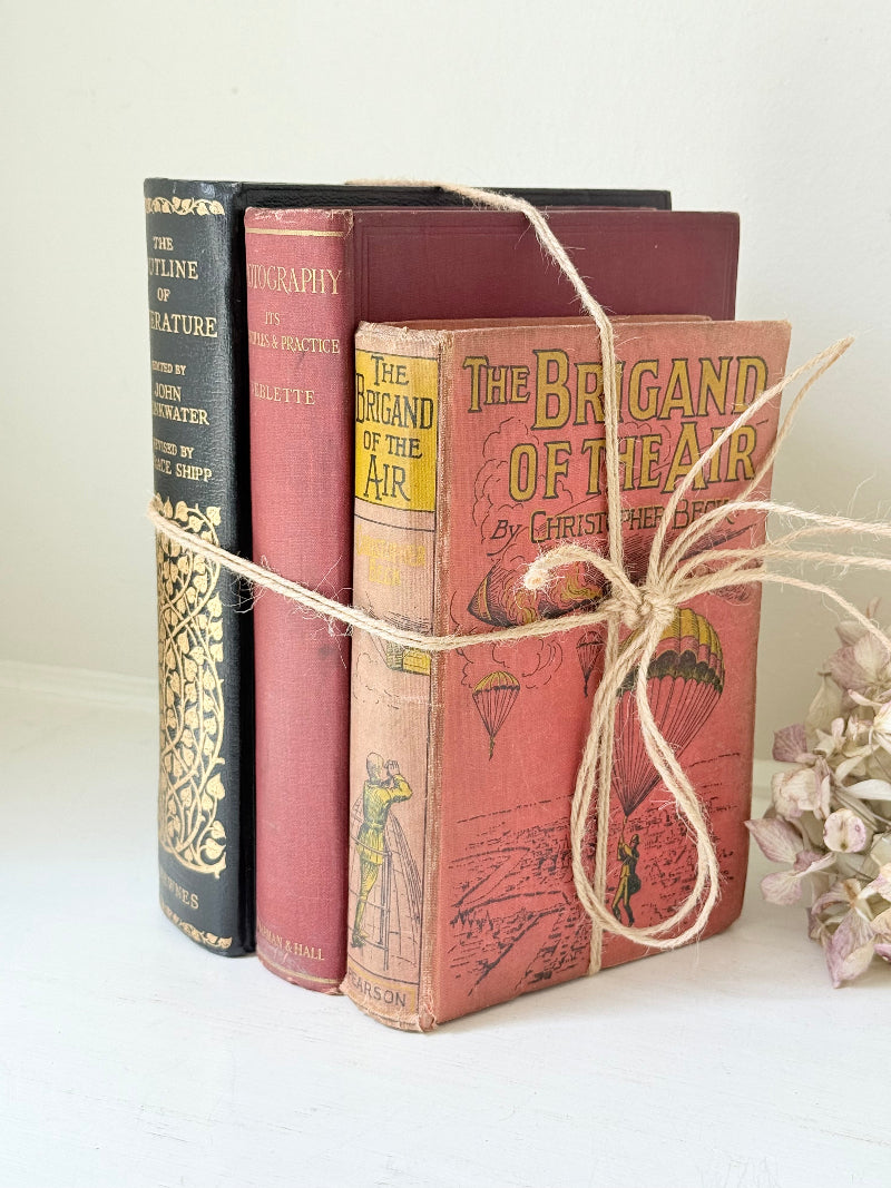 Vintage decorative book bundle in red and black with gilt detailing tied with twine, photographed on a white surface