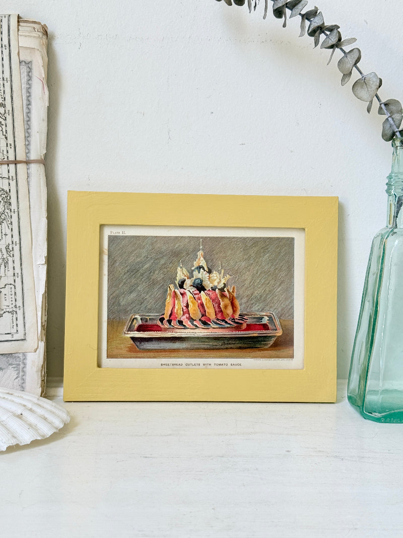Framed antique Victorian cookery illustration from Cassell’s New Universal Cookery Book showing Sweetbread Cutlets with Tomato Sauce
