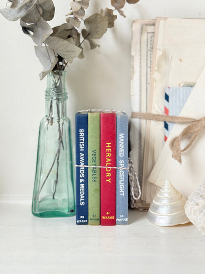 A set of four hardcover books standing upright next to a clear glass bottle vase with dried eucalyptus stems, styled on a white surface with a neutral background.