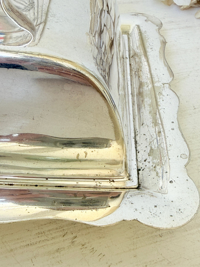 Close-up detail of a polished silver-toned metal tray or dish with a scalloped edge and reflective surface, resting on a light beige surface.