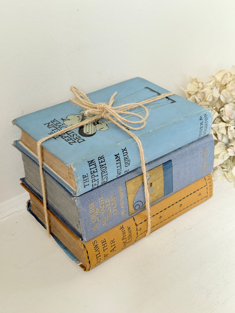 Vintage decorative book bundle in blue and ochre tied with twine, photographed on a white surface