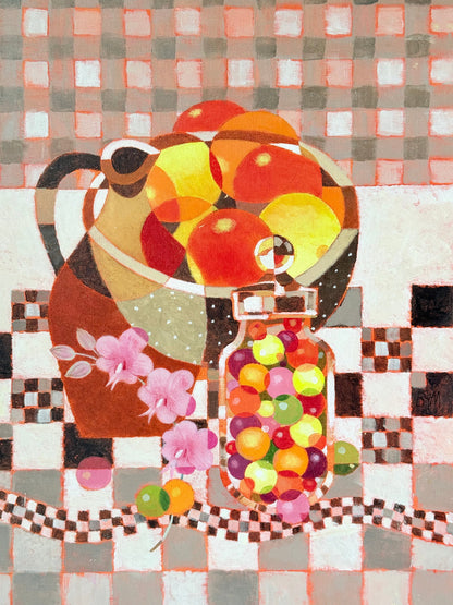 Ben Manchipp cubist still life oil on board with fruit and vessels, photographed on white surface.