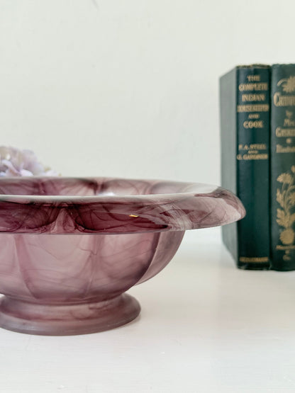 Davidson Art Deco smoky amethyst glass bowl, medium size with scalloped rim, photographed on white surface
