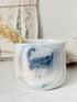 Hand painted ceramic pot with blue ram motif, pale grey off white glaze and handmade decorative form