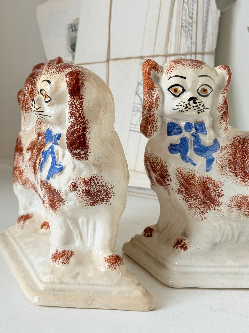 Pair of antique standing Staffordshire Pekingese dogs in rust red and white with blue painted bows