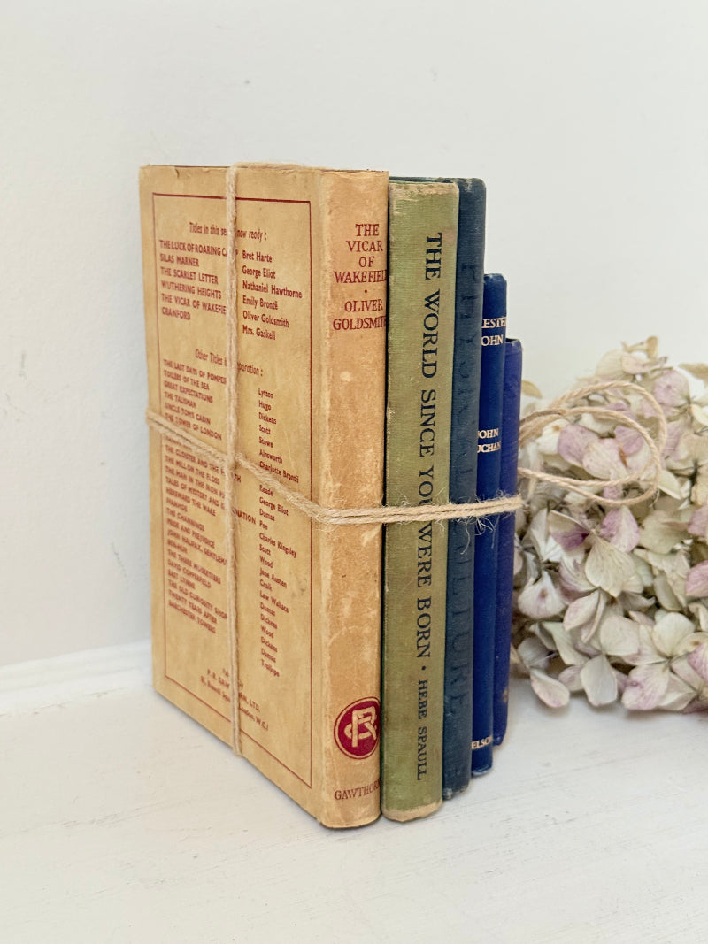 Vintage decorative book bundle in blue and green tied with twine, photographed on a white surface