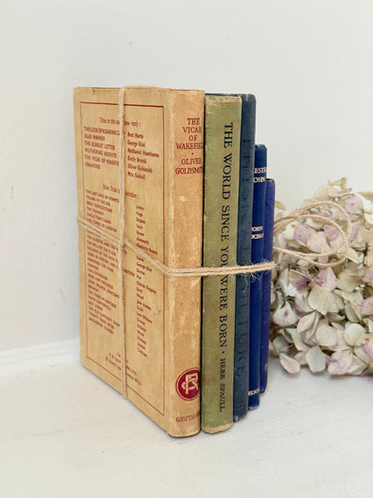 Vintage decorative book bundle in blue and green tied with twine, photographed on a white surface