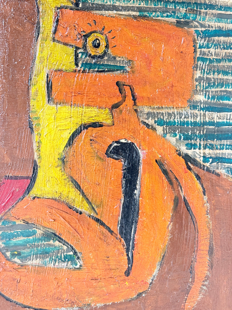 Abstract cubist-style painting featuring a stylized orange form with a single eye, yellow and blue textured background areas, and black linework.