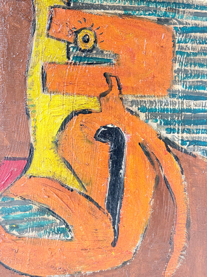 Abstract cubist-style painting featuring a stylized orange form with a single eye, yellow and blue textured background areas, and black linework.
