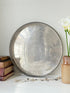 Vintage round silver plated gallery tray with pierced rim, engraved centre and aged patina for drinks or vanity styling