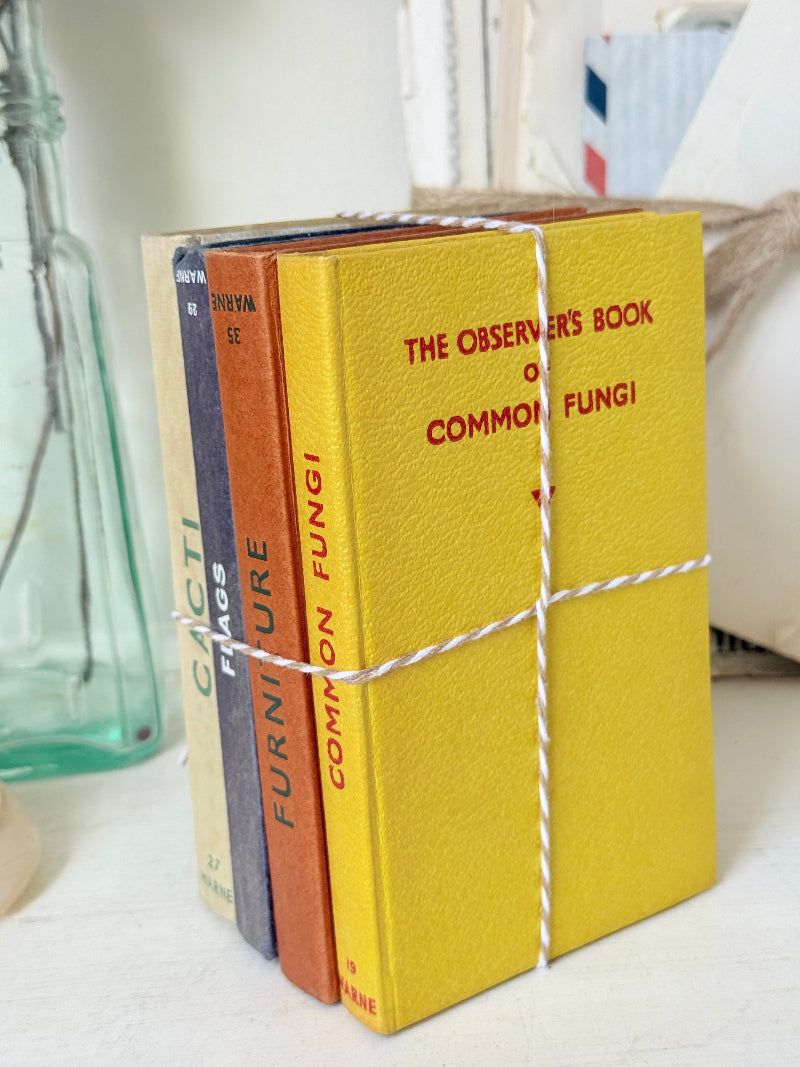 A set of four miniature hardcover books tied together with white twine on a light surface. The front book is bright yellow with red text reading &