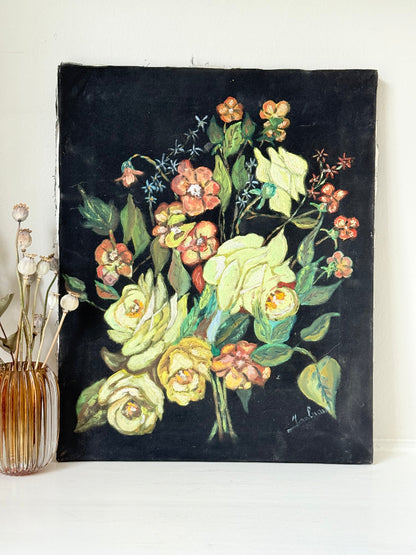 Vintage floral still life oil on canvas with yellow and peach blooms against dark background, unframed, on white surface.