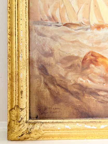 Close-up of an oil painting showing a seascape with a sailboat on the water, featuring a distressed gold frame and a signature in the lower left corner.
