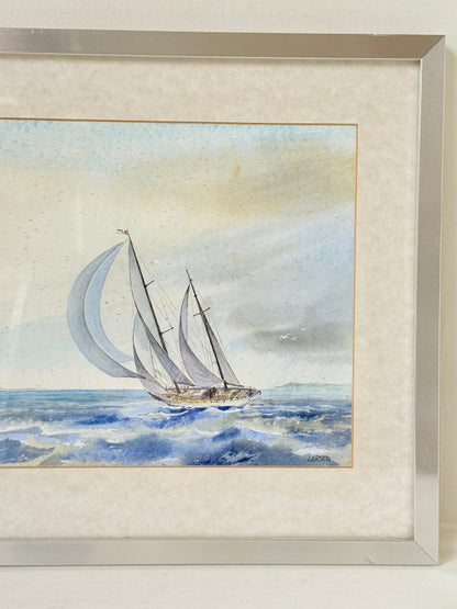 Vintage sailing watercolour signed Larsen in silver frame, seascape with sailboats
